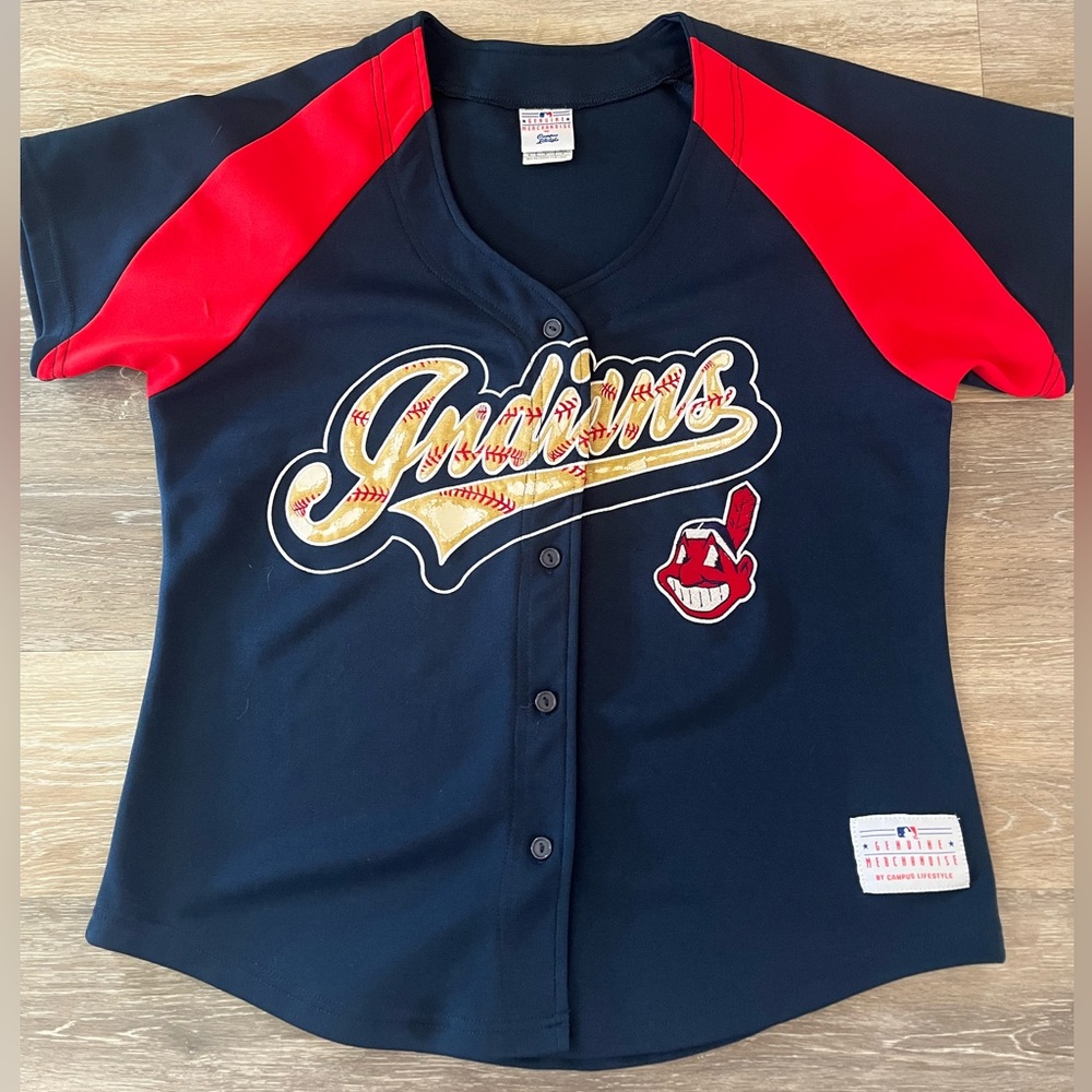 Cleveland Indians Women's Navy & Red Button-Front Baseball Jersey
